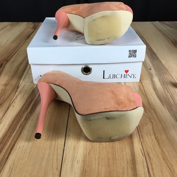 Luichiny platform heel Coral peach suede open toe - Picture 6 of 7